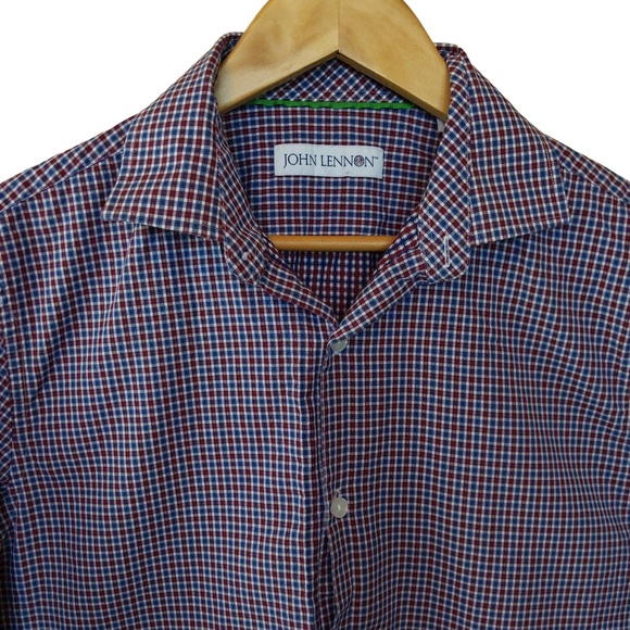 John Lennon Blue and Red Checkered Button Down Long Sleeve Shirt - Picture 3 of 10